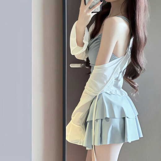 Yuyaman swimsuit for hot spring ladies pure desire high-end sexy one-piece conservative cover-up slim belly-covering beach swimsuit two-piece set light blue (swimsuit + outer shirt) one size fits all recommended 80-120 Jin Jin equals 0.5 kg
