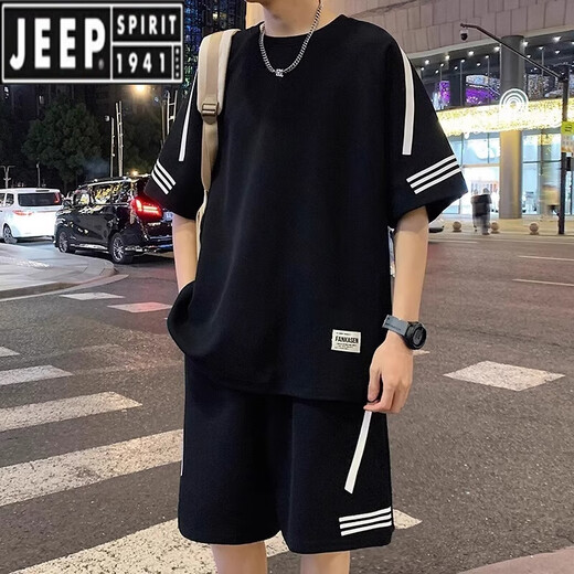 JEEP SPIRIT2025新款运动套装男夏薄款宽松冰丝短袖t恤男短裤搭配两件套休闲 FKS653白色套装 L 约110-130斤可穿