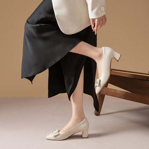 
Red Dragonfly Leap Moon Shoes High Heels 25 Spring Thick Heels Women's Shoes Pointed toe Workplace Small Leather Shoes Single Shoes WLB15124 Beige White 39