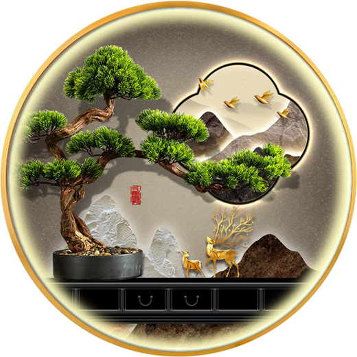 
TURBOSUN Welcome Pine Living Room Decoration Painting TV Sofa Background Wall Welcome Pine New Chinese Style Entrance Entrance Decoration Painting Round TB1391 Diameter 40CM [Aluminum Alloy Picture Frame] + Light Luxury Gold Insert 1