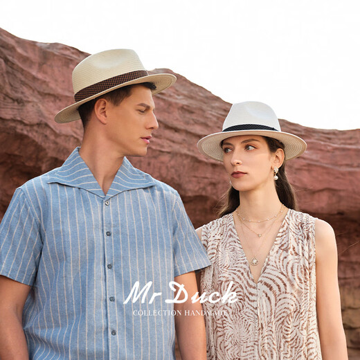 Mr DUCK2025 new product, light and breathable Panama hat, men and women, hand-dyeed cotton and linen plaid webbing topper, sun protection straw hat MS56328-Natural Khaki/Cotton and linen plaid webbing L(57-58cm)
