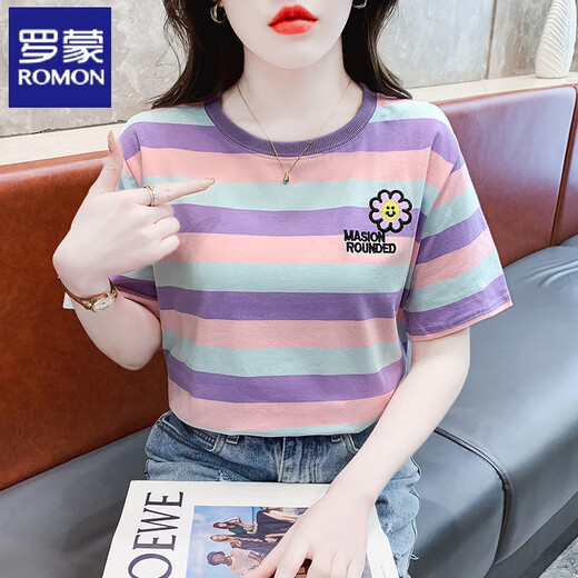 T-shirt à manches courtes à rayures Romon pour les femmes coréennes coton coréen Nouveau t-shirt polyvalent à manche à mi-manche à mi-manche 9928 m recommandé 95-105jin [Jin est égal à 0,5 kg]