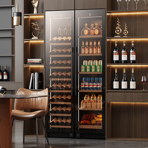 BAIKAILUN double-door thermostatic wine cabinet with double-door brown glass seamlessly embedded in large-capacity air-cooled frost-free office home tea beverage liquor wine fruit preservation refrigerator 2 meters | brown glass dual temperature zone | hanging cup red wine display 241 bottles thin section
