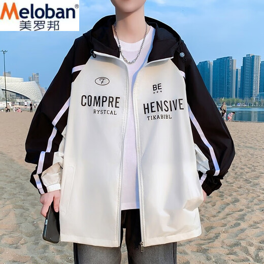 Meloban Color-Blocked Hooded Sonnenschutzmantel für Junior- und Senior High School-Schüler losen lässige, vielseitige Striped Sports Top 6621 Black M Referenz 80-100jin [Jin gleich 0,5 kg]