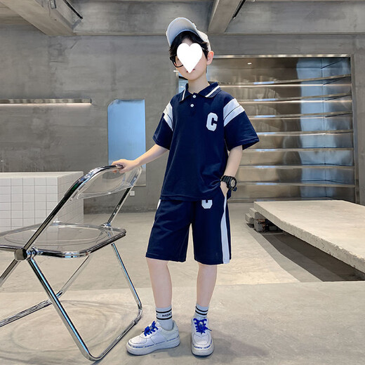 Sofea sommer boy hübsche trendy Anzug 2025 Kinder mit mittlerer Kinder Sportkleidung Guangzhou 13 Reihen 826C Fadenkragen Sommer - Marine Blue 140