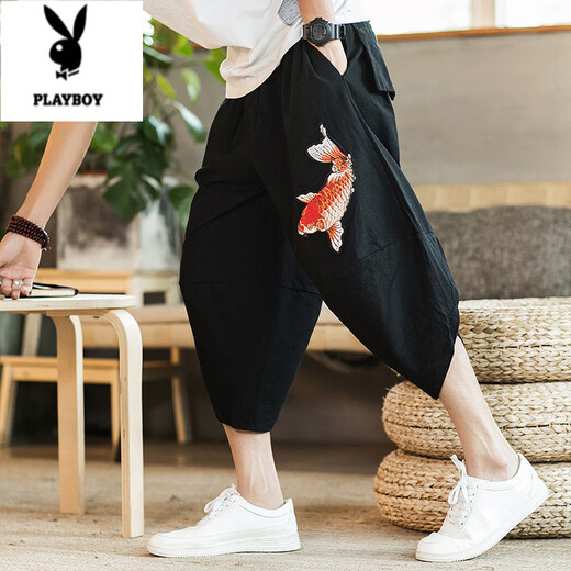 花花公子（PLAYBOY）夏季亚麻阔腿七分裤男士宽松短裤潮流沙滩哈伦裤休闲裤中国风裤子 灰色【刺绣】 4XL
