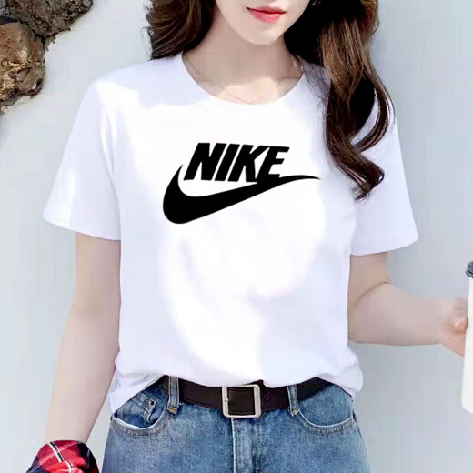 Nike (NIKE) women's big hook contrasting color sports suit 2025 summer jogging fitness training suit trendy casual clothes pure cotton white short-sleeved T-shirt top L