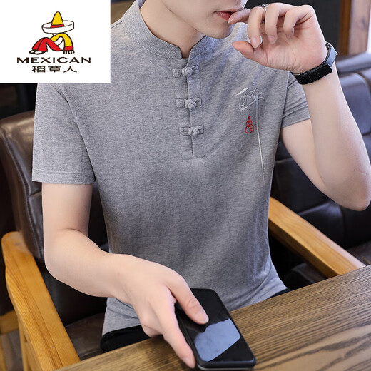 Scarecrow summer embroidered stand-collar T-shirt for men short-sleeved retro Tang suit Chinese style men's half-sleeved trendy brand ice silk trend 9193 green 2XL 125-145Jin [Jin equals 0.5 kg]