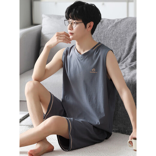 LangSha pajamas men's summer cotton silk vest sleeveless shorts loose plus large size casual style thin home clothing set NJR-LX12027 blue striped pants round neck pullover 2XL [Please contact customer service size]