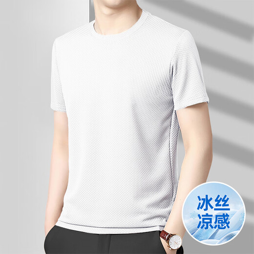 GY Men's Short Sleeve T-shirt 2025 Summer Ice Silk Round Neck Iron No-Secret Top Middle-aged and Elderly Daddy Outfit 6172+Khaki M
