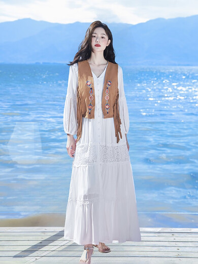 Chu Ziyis weißes Kleid mit Temperament und schlankem Fairy Long Rock Yunnan Reise -Outfit Desert Photography Beach Rock Anzug Rock mit Weste 983 One Size xxl