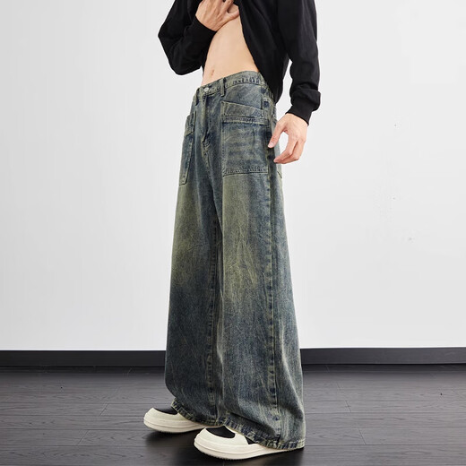 Rongxitu Herren-Waschung Jeans gerade lose lockere drapierte Weitbein 2025 Neue Frühlings- und Herbst-Herren-Schlampe 1047 Nostalgische Farbe m