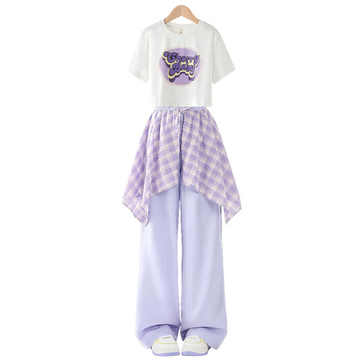 优优1点（Yoyo one）女童夏季套装2025年新款儿童街舞演出服女大童夏日穿搭多巴胺夏装 15290紫色+9889白色 140 140cm