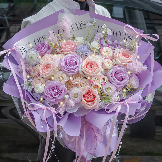 HuaDe flower express delivery, rose bouquet birthday gift for girlfriend to express love within one hour, nationwide same-day delivery in the same city Purple Story Purple Rose + Pink Lychee | dyr80