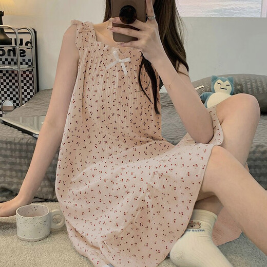 
YIMENGTO Yimen Camel Summer Girls' Desire Cotton Gauze Sweet Cherry Sling Loose Vest Nightgown Home Clothes cx-9272#Cherry Bear 2XL