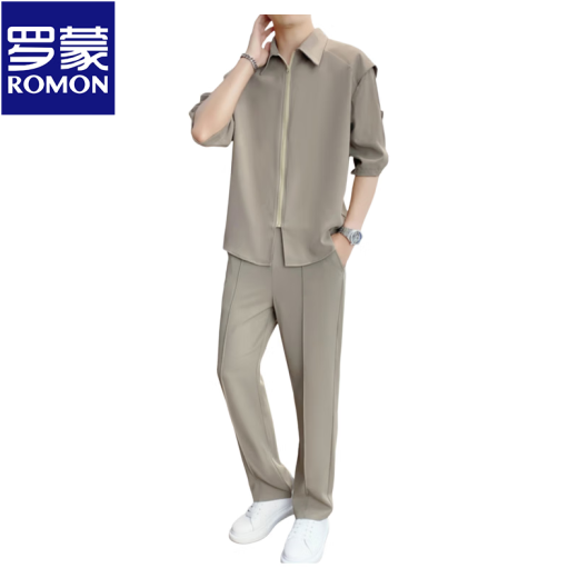 罗蒙（ROMON）冰丝短袖衬衫套装男士夏季休闲轻熟痞帅搭配垂感抗皱西裤男装一套 718米白色(中袖套装) M 90-110斤