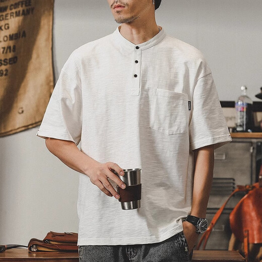 杰雷诺美式经典复古亨利领T恤男短袖POLO衫重磅竹节肌理硬汉亨利t恤衫 白色 2XL 适合160-180斤
