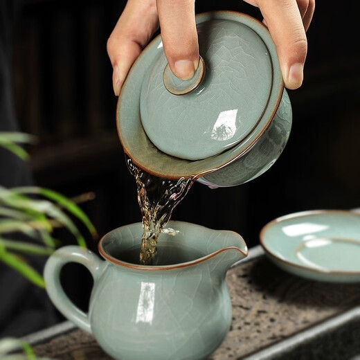 Yunshun Dehua Ge Kiln Sancai Covered Bowl Ice-cracked Tea Bowl Single Tea Brewing Kung Fu Tea Set Household Ceramic Tea Cup Ge Kiln Covered Bowl-Tianqing 170ml