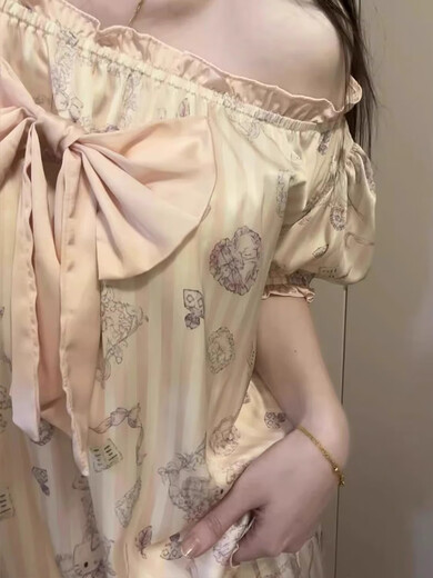 裁雨留虹冰丝短袖短裤睡衣女夏季2025新款可爱卡通蝴蝶结套装可外穿家居服 13559 花边kitty M