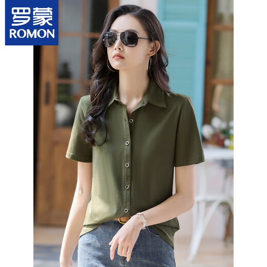 T-shirt à manches courtes Romon pour les femmes 2025 Summer New Pure Cotton Shirt For Women Polo Collar Slim Slim Cardigan Professional à mi-manche 9887 Blue (à manches courtes) S S Recommandé 80-95Jin [Jin est égal à 0,5 kg]