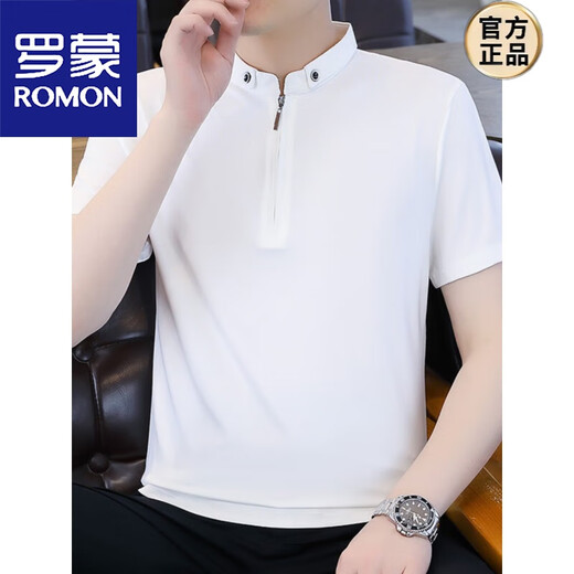 罗蒙（ROMON）纯色半拉链polo.衫男士短袖夏季冰丝薄款立领T恤2025新款半袖 9921杏色 4XL (约170~185斤可穿)