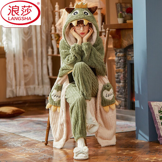 
LangSha’s new nightgown for women in autumn and winter coral velvet plus velvet thickened cute loose winter hooded home clothes pajamas for women 9194 cartoon bear [sleeping gown + pants] XL