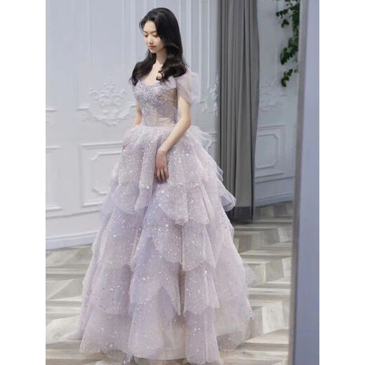 Purple engagement evening dress high-end light luxury niche student day adult ceremony princess dress one-shoulder toast dress bride purple XS
