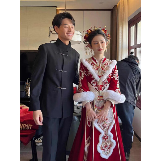 Luo Meng New Chinese Style Stand Collar Casual Suit Wedding Engagement Outfit Groom Luxury Mao Suit Chinese Style Suit Jacket ZS06 Black Top + Pants L 120-135Jin Jin is equal to 0.5 kg