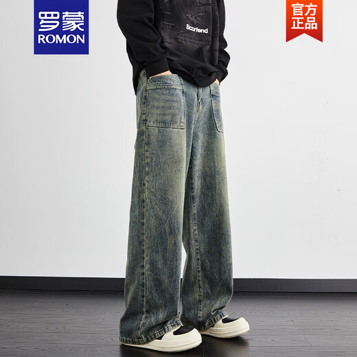 罗蒙（ROMON）闪电纹水洗牛仔裤男夏季新款复古宽松直筒阔腿裤高街美式裤子 1049黑渐变 S