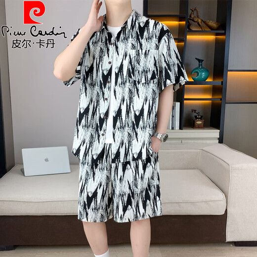 皮尔卡丹（pierre cardin）冰丝短袖衬衫套装男夏薄款海边度假三亚旅游夏威夷沙滩短裤两件套 677灰色套装 M 90-110斤