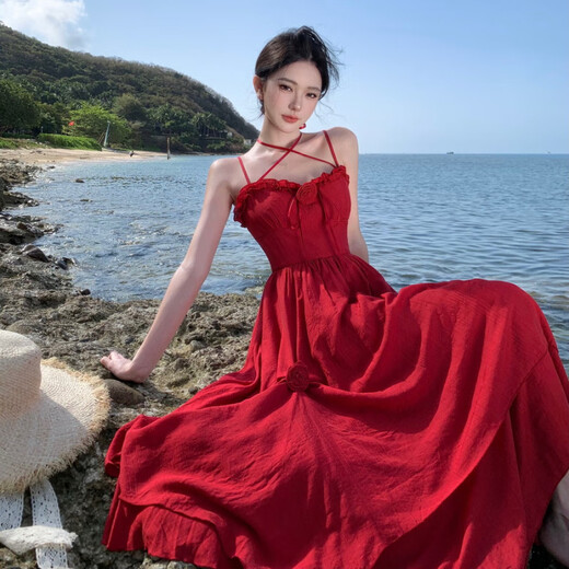 以欧M明艳气质浪漫玫瑰系带大摆收腰显瘦吊带连衣裙女显白度假裙6197 暗红色 S