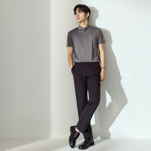 Qipai mulberry silk short-sleeved POLO shirt men's summer business casual top medium gray L