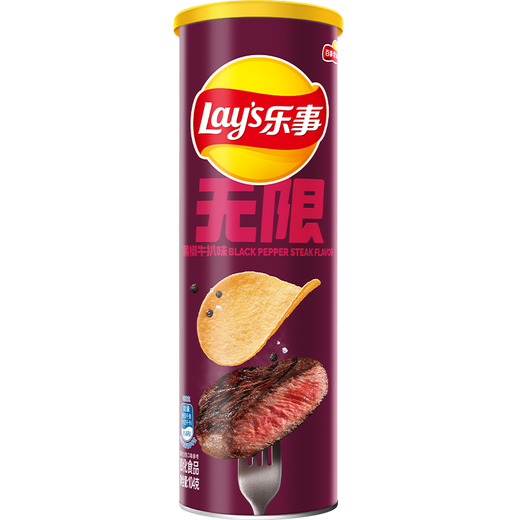 乐事（Lay's） 无限薯片零食休闲食品104g罐装膨化食品一口吃N片大挑战 黑椒牛扒味104g
