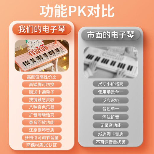 Sawang Deutsche Qualität 37-Key-Kinder elektronische Klaviermädchen Anfänger Klavierspielzeug spielen multifunktionale Instrumente mit hohem Fuß hohe Fußmodell [großer Größe/Kinderspaßpulver] Lade-Set