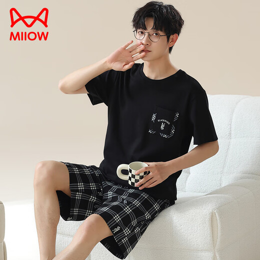 
Cat Man (MiiOW) Summer Men's Pajamas Imitation Cotton Pull-up Short Sleeve Shorts Casual Large Size Teenagers Can Wear Thin Home Clothing Men A3523 L