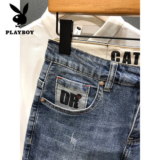 
Playboy (PLAYBOY) 2025 summer denim mid-pants printed trendy brand retro nostalgic washing Korean style slim five-point pants stretch shorts men 9902 models 31