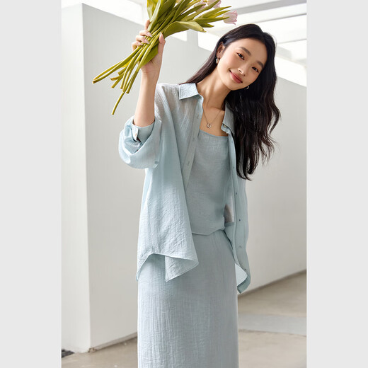 Vanciman simple de maillots de maillage pour femmes 2025 Été Nouveau tempérament Cardigan Suspender jupe trois pièces M9898 Blue Green M