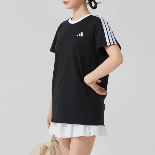 阿迪达斯 （adidas）女装运动套装25春季新款三条纹圆领短袖T恤直筒长裤运动裤 两件套 JY7612+JE1306 L