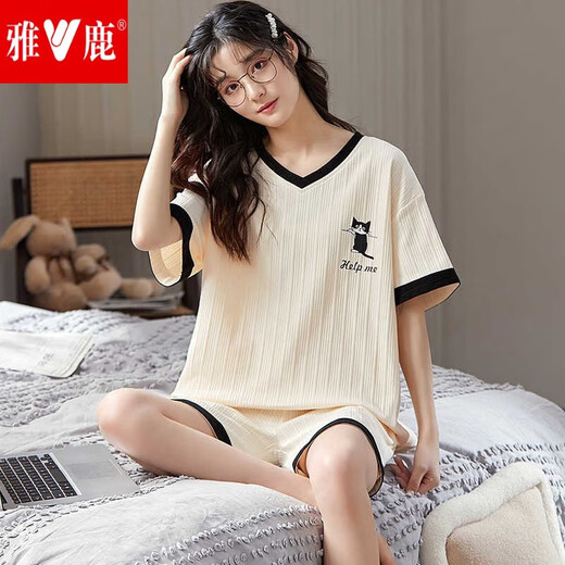 雅鹿夏季睡衣女纯色棉大码短袖薄款两件套装学生韩版春秋天可外穿家居 花色 GXT6636图色 M 码（建议75-95斤b