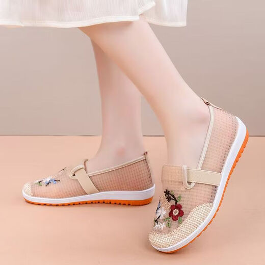 Woodpecker summer new style mesh breathable ancient style Hanfu women's shoes old Beijing cloth shoes women's mesh breathable mother's embroidered shoes off-white 37