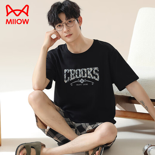 
Cat Man (MiiOW) Summer Men's Pajamas Imitation Cotton Pull-up Short Sleeve Shorts Casual Large Size Teenagers Can Wear Thin Home Clothing Men A3523 L