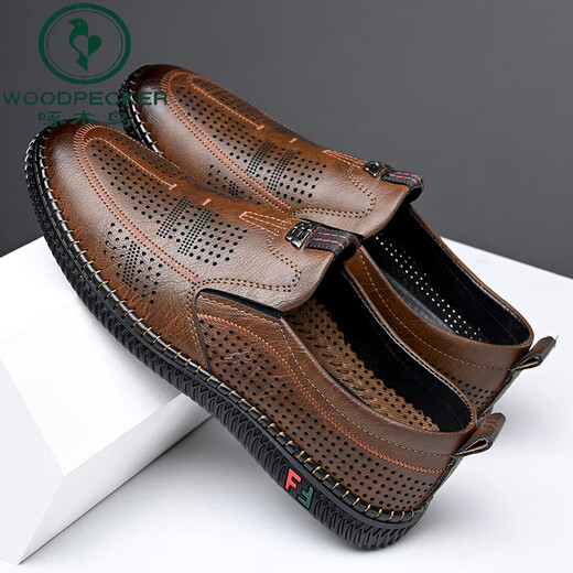 Woodpecker cold leather shoes for men's spring and summer casual leather shoes soft sole soft surface wear-resistant and odor-resistant breathable one-foot summer hollow leather shoes 677 brown 43