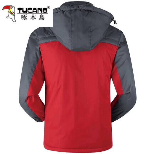 Woodpecker hooded cotton coat men's autumn and winter thickened velvet and cold-proof work protective clothing outdoor jackets red velvet warm XL recommended 105-135Jin Jin equals 0.5 kg