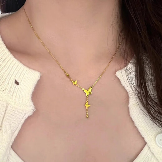 Taijufu gold-wrapped silver 999 butterfly tassel gold necklace for women new light luxury niche clavicle chain as a gift for your girlfriend Tassel butterfly one-piece necklace (gold 0.3 grams)