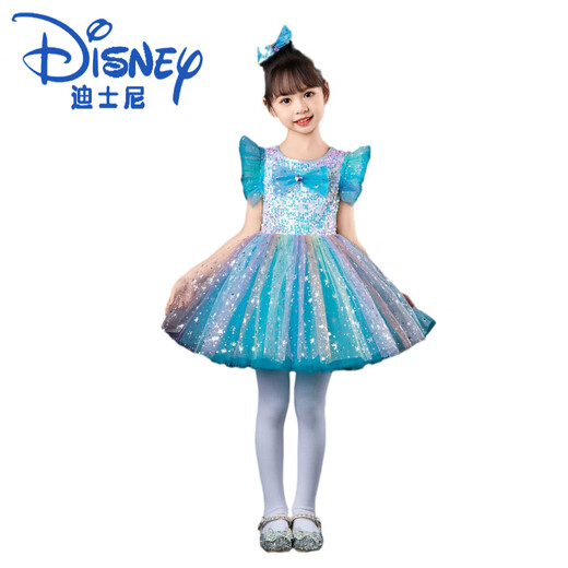 Disney Children's Performance Costumes Girl Princess Puff Dress Evening Gown Sequined Veil Skirt Dance Performance Suit Lotus Colorful Skirt + Bow 100 cm