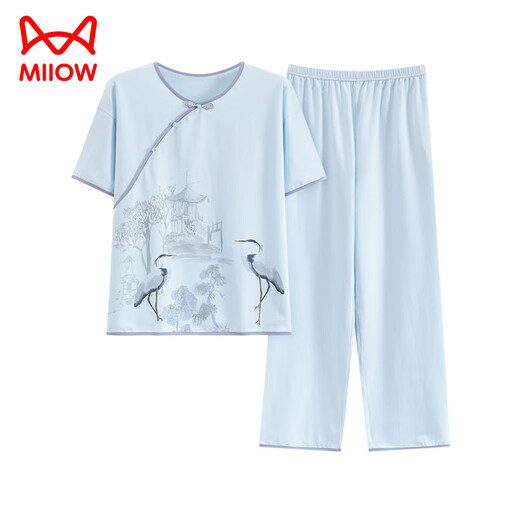 猫人（MiiOW）夏季女士短袖国风睡衣套装棉新中式长裤家居服夏天可外穿薄款简约 Y9905 M (建议75-95斤)