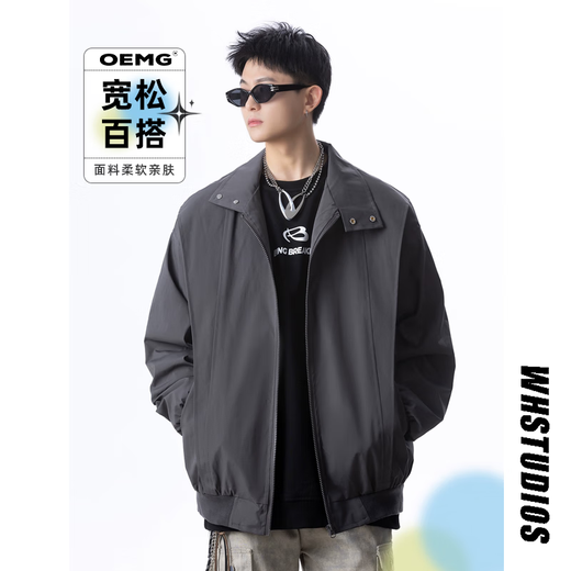 OEMG American high street stand-up collar quilted thickened jacket men's spring, autumn and winter trendy brand anti-aviator loose warm jacket DY2485 black jacket style XL recommended 120-135Jin Jin equals 0.5 kg
