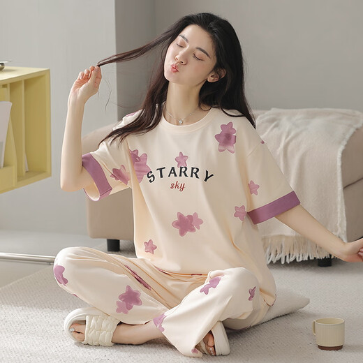 Summer women's short-sleeved pajamas set pure cotton cotton trousers home clothes spring and autumn thin styles can be worn outside in spring and autumn Y9712 M (recommended 75-95Jin [Jin equals 0.5 kg])