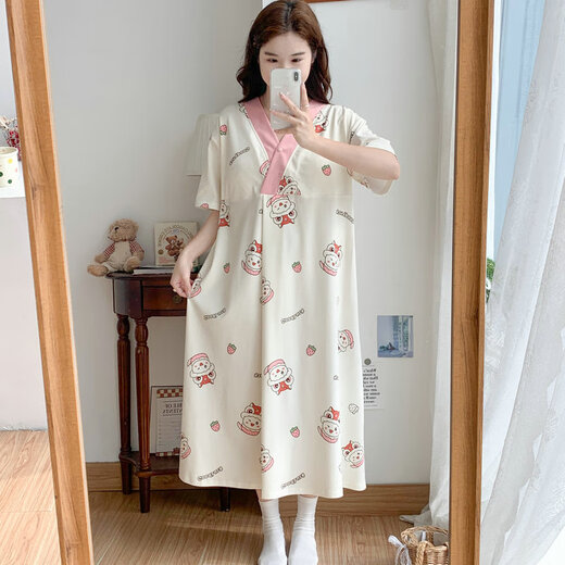 Cao Jingjia summer short-sleeved pregnant women's nightgown with chest pad pregnancy pajamas 2025 new style hospitals can wear breastfeeding skirts outside when entering the delivery room QSY16819 short-sleeved skirt 3XL size recommended weight 148-180Jin [Jin equals 0.5 kg]