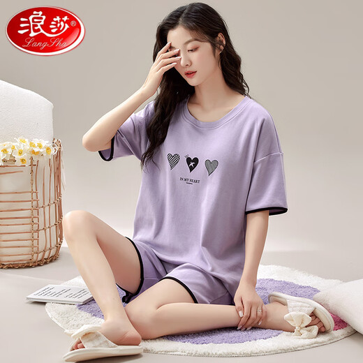 浪莎（LangSha）高档女士短袖睡衣套装带胸垫一体纯棉大码薄款可外穿家居服 1047 M (建议75-95斤)